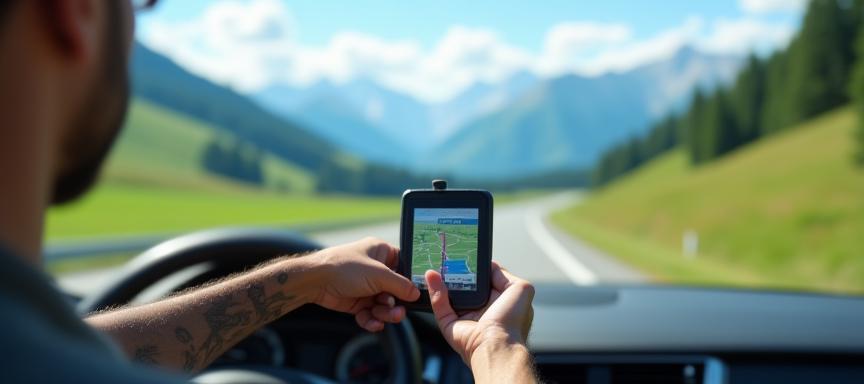 Reisender betrachtet Navigationsgerät vor Alpenpanorama entlang einer österreichischen Schnellstraße.